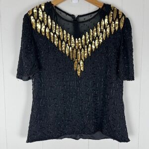 Vintage Stenay Blouse XL Black Gold Silk Beaded Sequin Evening Art Deco Cocktail